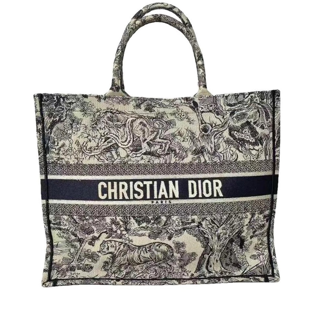 100% Auth Large Dior Book Tote Ecru and Blue Toile de Jouy Embroidery
